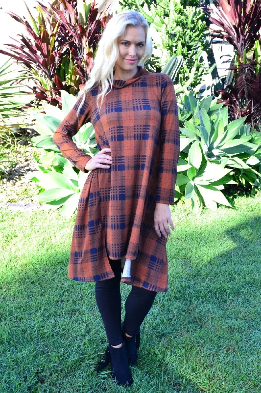 Brown Check High Neck Fleece Tunic Dress