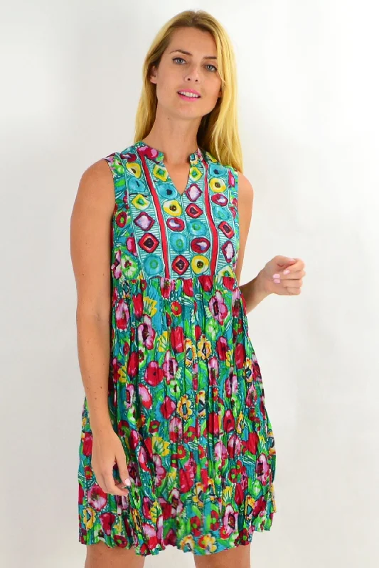 Green Colourful Chinese Collar Tunic Dress