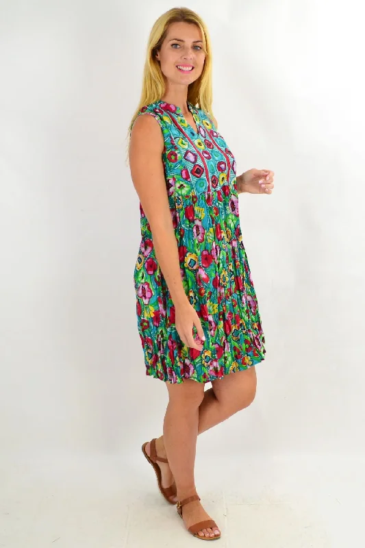 Green Colourful Chinese Collar Tunic Dress