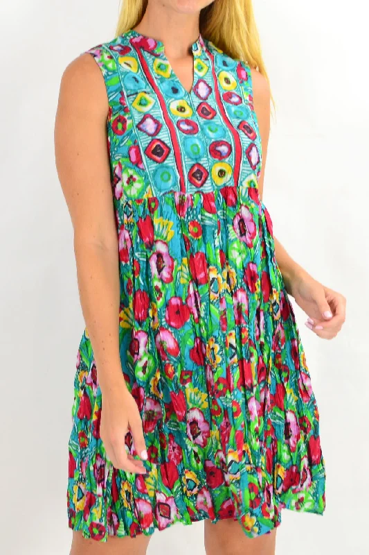 Green Colourful Chinese Collar Tunic Dress