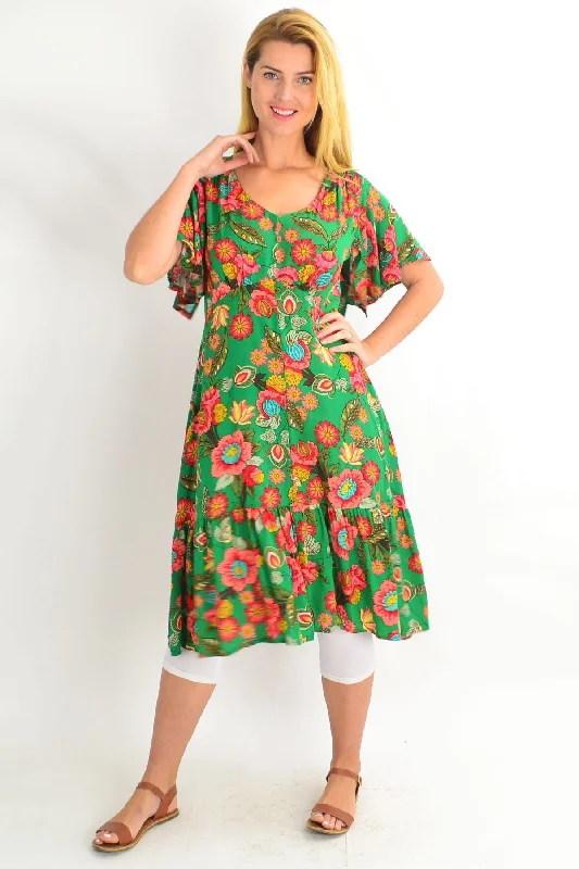 Green Floaty Flower Flutter Sleeve Tunic Dress