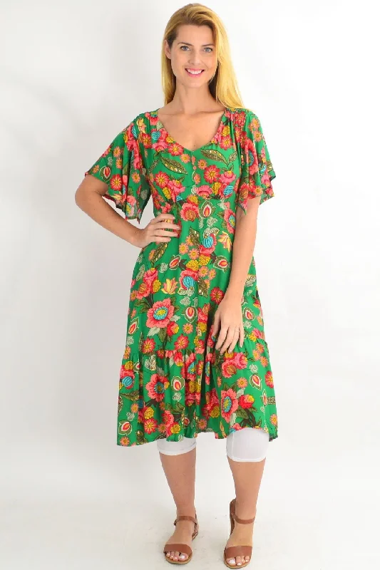 Green Floaty Flower Flutter Sleeve Tunic Dress