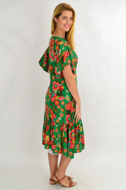 Green Floaty Flower Flutter Sleeve Tunic Dress