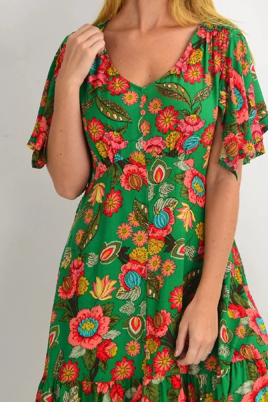 Green Floaty Flower Flutter Sleeve Tunic Dress