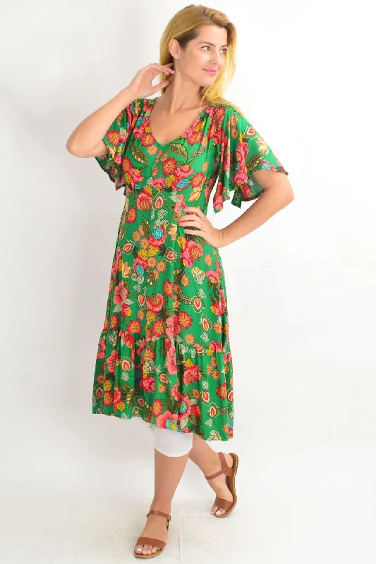 Green Floaty Flower Flutter Sleeve Tunic Dress