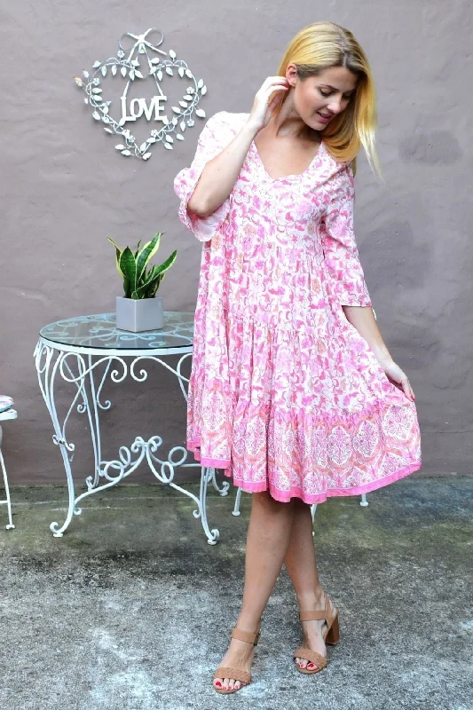 Leafy Pink Tiered Tunic Dress