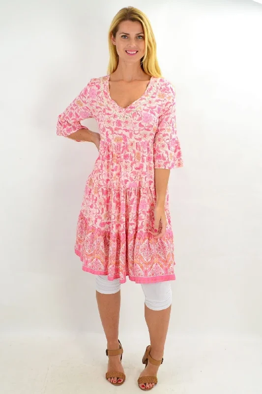 Leafy Pink Tiered Tunic Dress