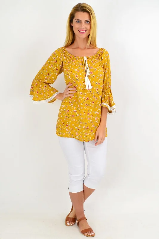 Mustard Floral Tassel Off shoulder Tunic Top