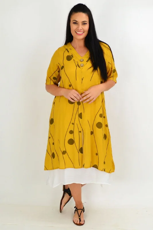 Mustard Line Dot Overlay Tunic Dress