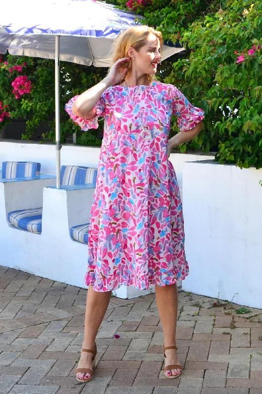 Pink Blue Leaves Print Summer Dress