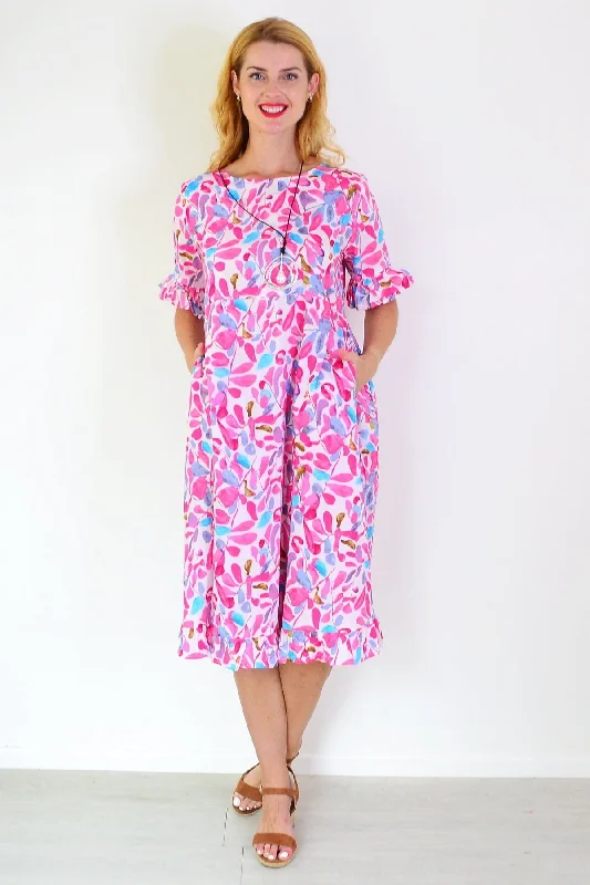 Pink Blue Leaves Print Summer Dress