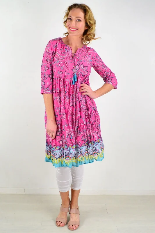 Pink Paisley Tie Neck Tunic Dress