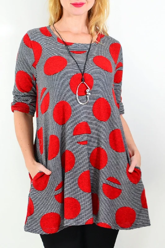 Red Dot Black Stripes Fleece Tunic Top