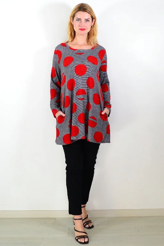 Red Dot Black Stripes Fleece Tunic Top