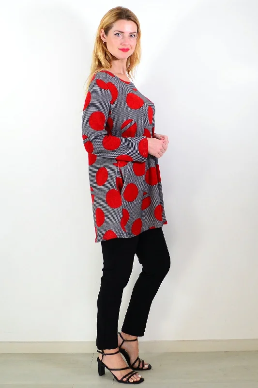 Red Dot Black Stripes Fleece Tunic Top