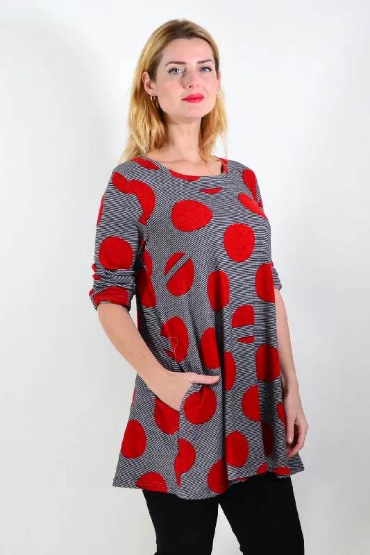 Red Dot Black Stripes Fleece Tunic Top