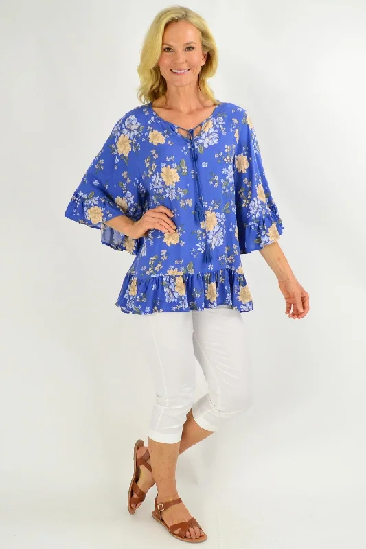 Wide Sleeve Blue Floral Tunic Top