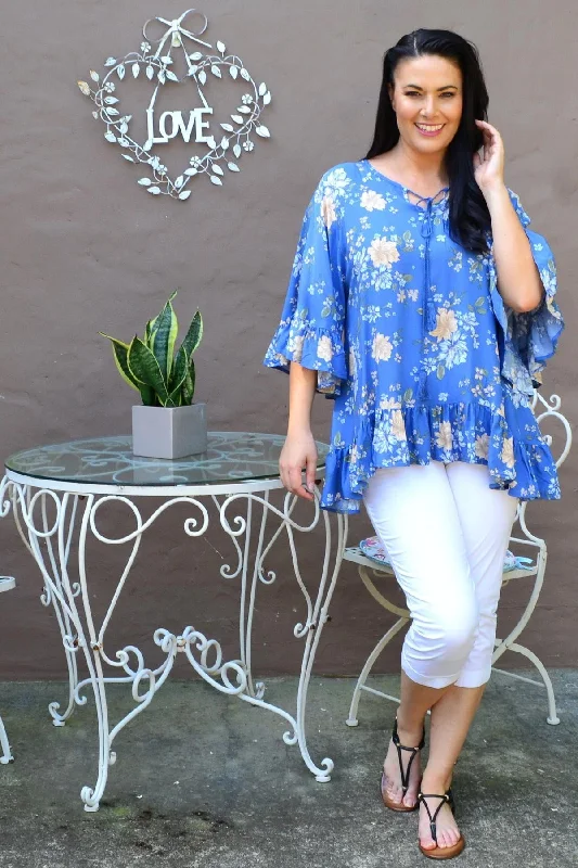 Wide Sleeve Blue Floral Tunic Top