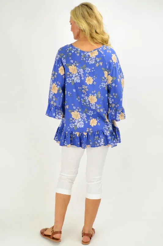 Wide Sleeve Blue Floral Tunic Top