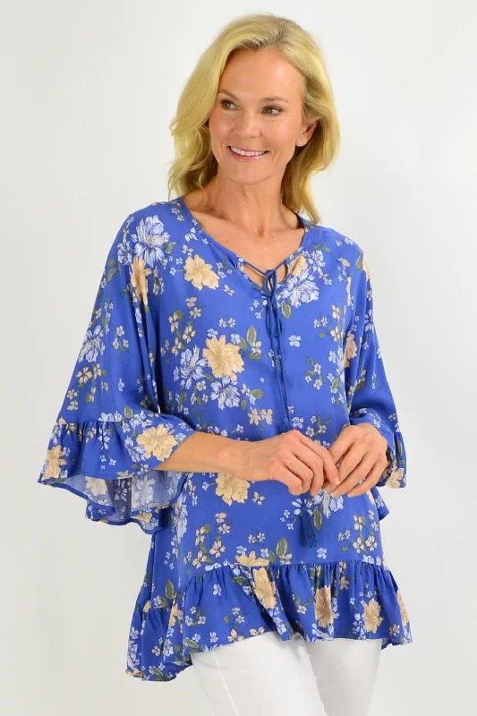 Wide Sleeve Blue Floral Tunic Top