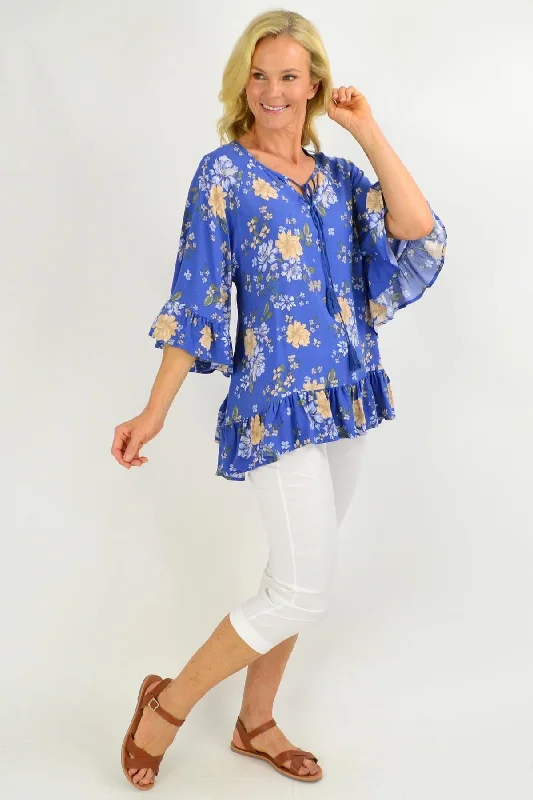 Wide Sleeve Blue Floral Tunic Top