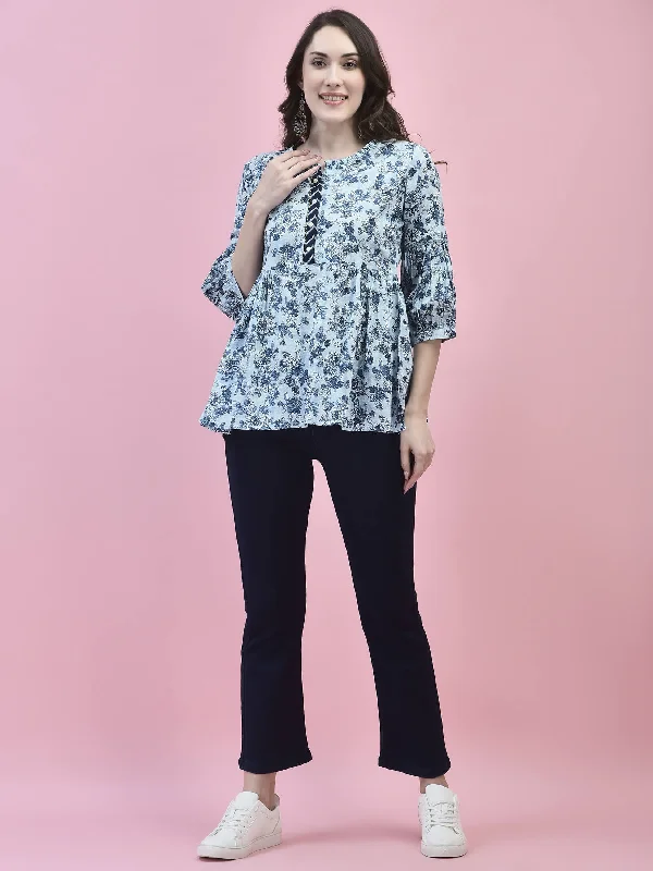 Women Cotton Blue Floral Print Tunic