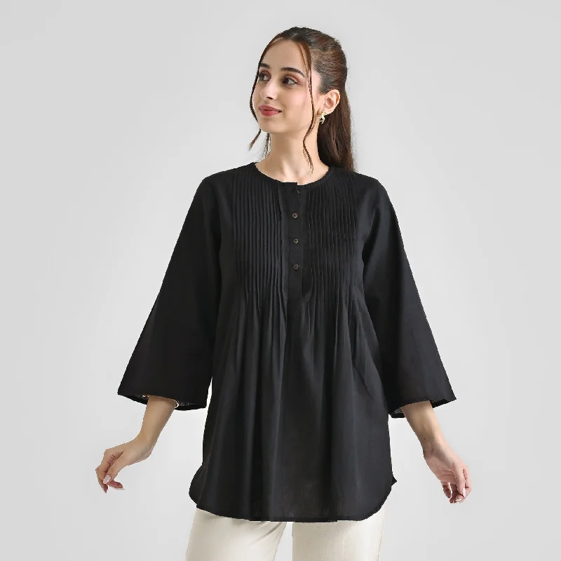 Black Linen Cotton Tunic with Pintuck Detail