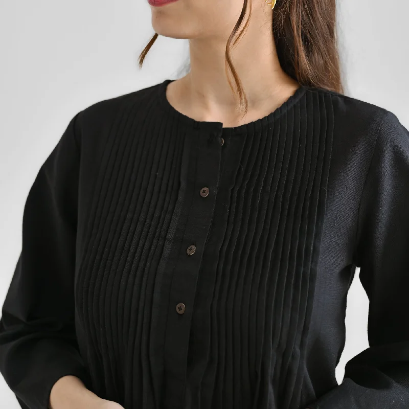 Black Linen Cotton Tunic with Pintuck Detail