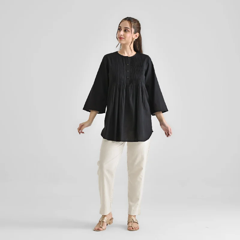 Black Linen Cotton Tunic with Pintuck Detail