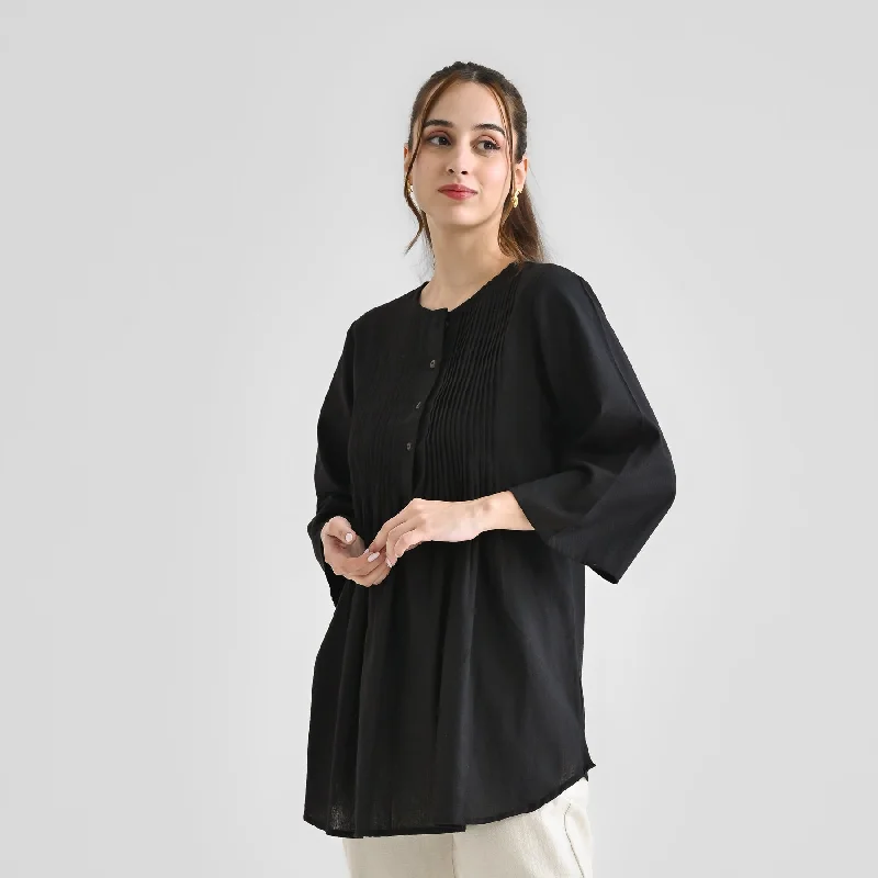 Black Linen Cotton Tunic with Pintuck Detail