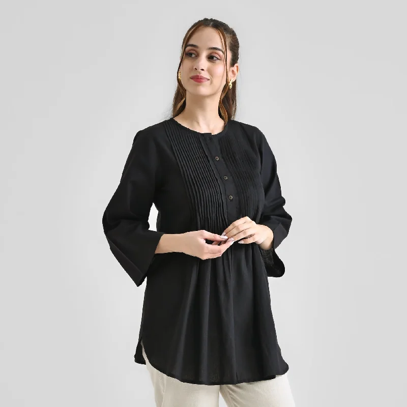 Black Linen Cotton Tunic with Pintuck Detail