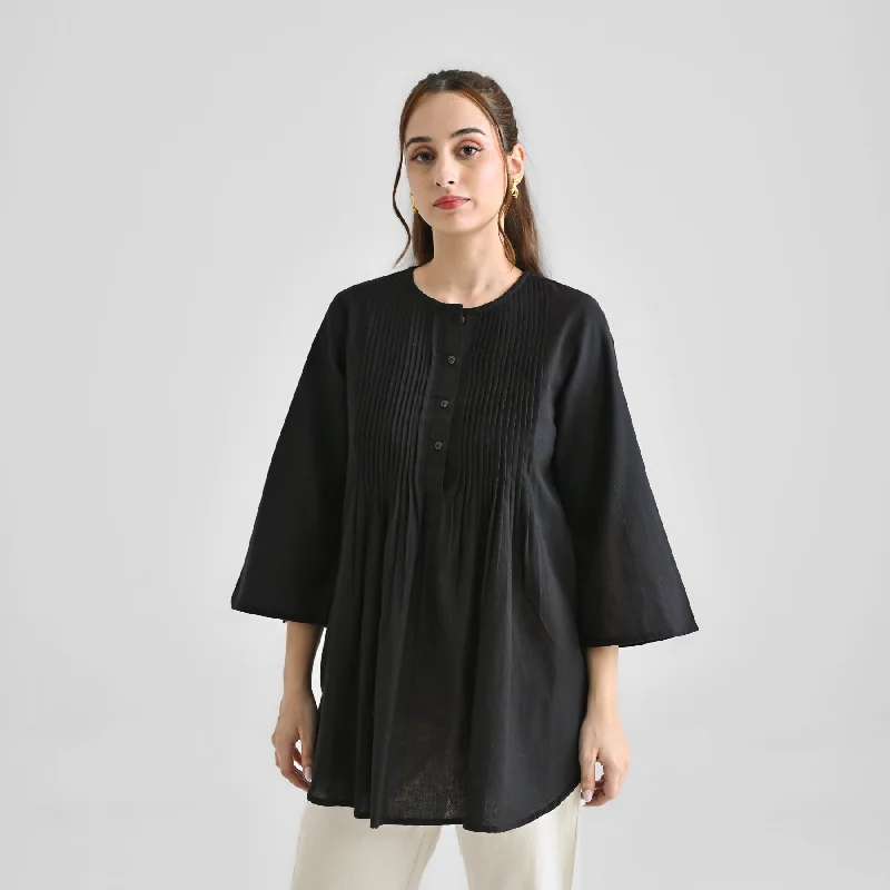 Black Linen Cotton Tunic with Pintuck Detail