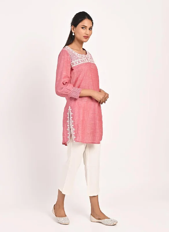 Fuchsia Round Neck Embroidered Tunic