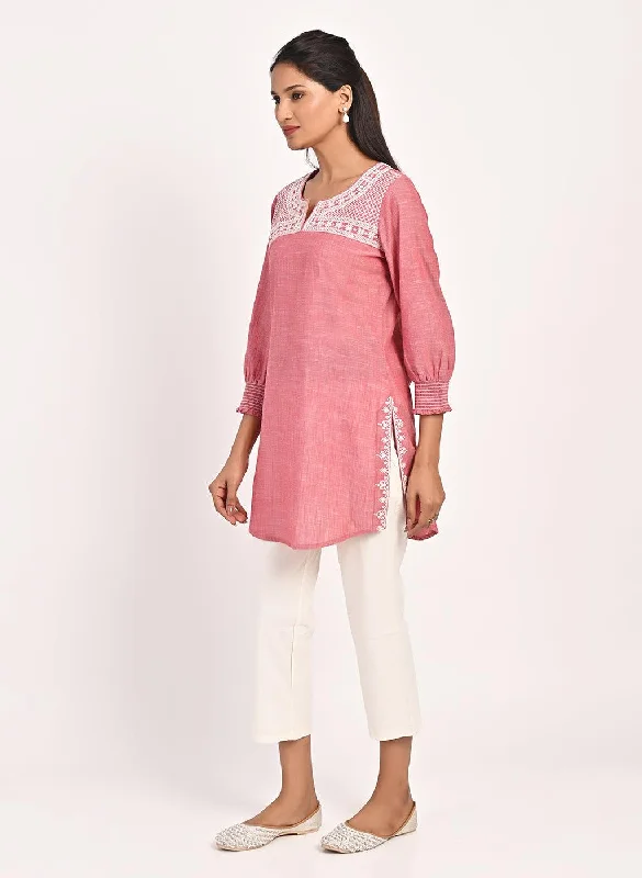 Fuchsia Round Neck Embroidered Tunic