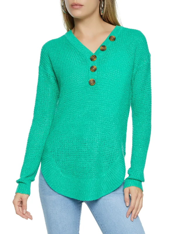 Waffle Knit Faux Button Detail Sweater