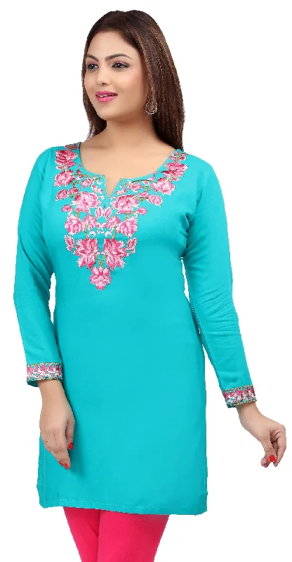 Maple Clothing India Women's Tunic Top Embroidered Kurti (Turquoise)