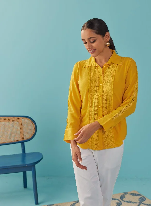 Mustard Cut Work Classic Shirt with Beads Button