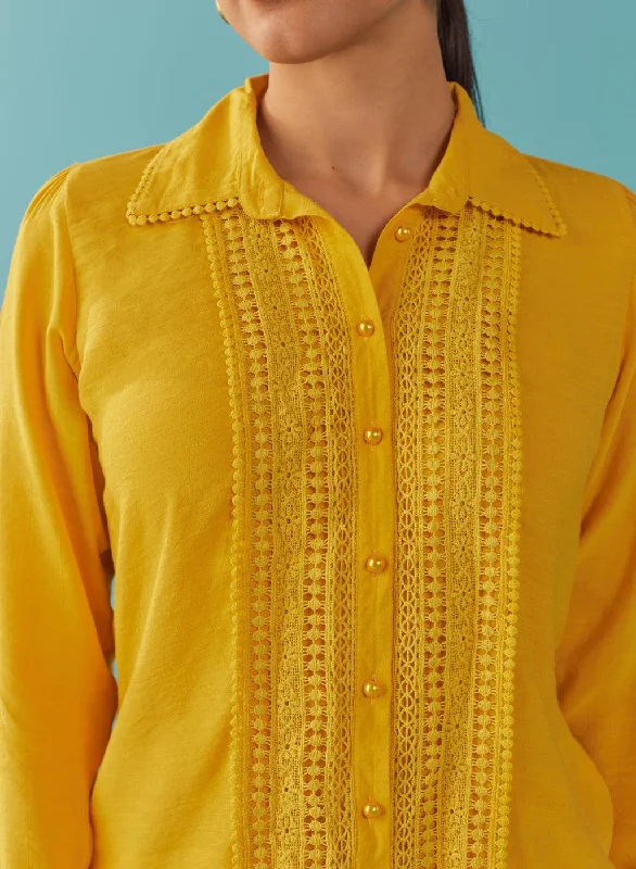 Mustard Cut Work Classic Shirt with Beads Button