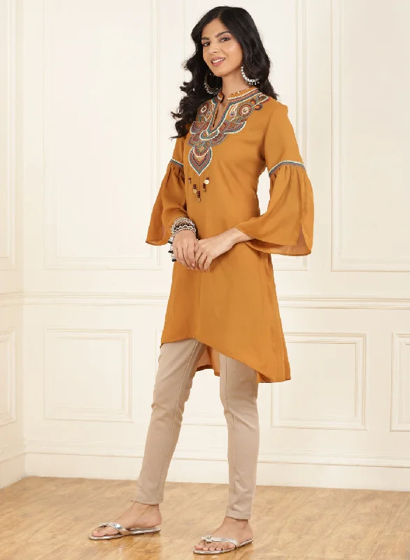 Mustard Embroidered Georgette Tunic for Women