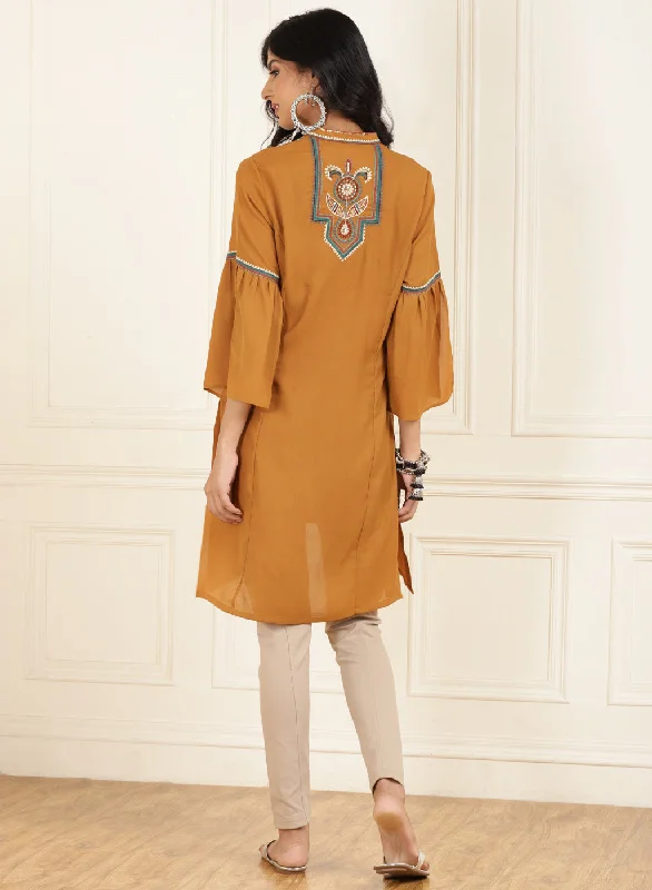 Mustard Embroidered Georgette Tunic for Women