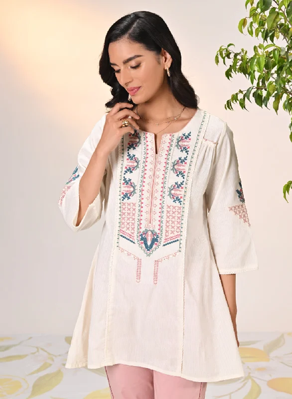 Naaznin Ivory Embroidered Striped Cotton Top for Women