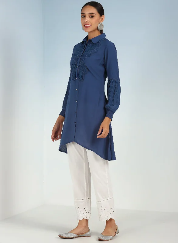 Navy Blue Kurti with Curved Hem and Pleated Sleeves