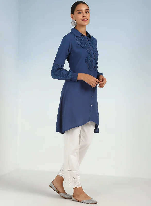 Navy Blue Kurti with Curved Hem and Pleated Sleeves