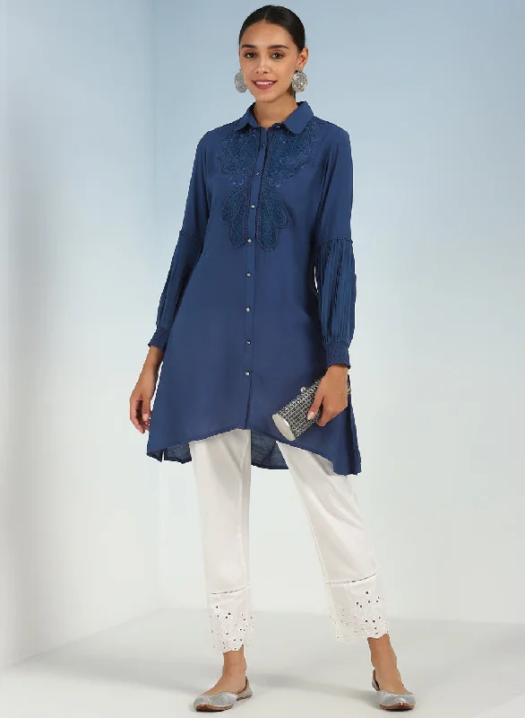 Navy Blue Kurti with Curved Hem and Pleated Sleeves