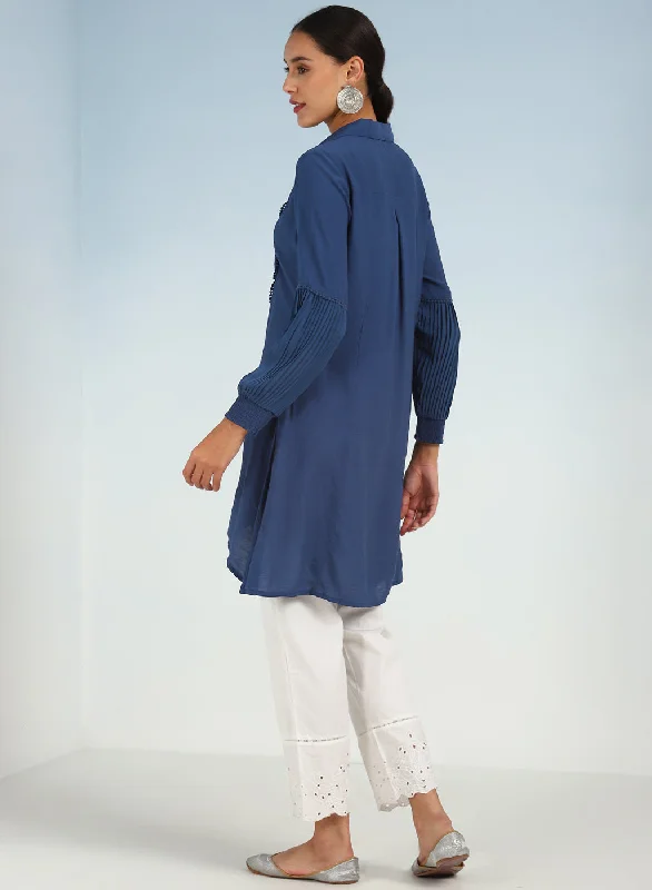 Navy Blue Kurti with Curved Hem and Pleated Sleeves