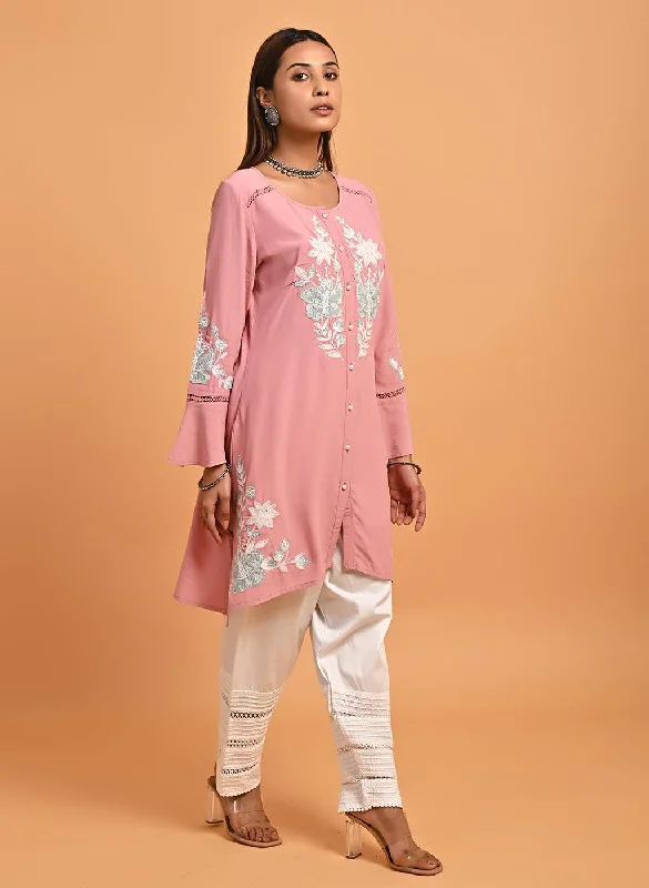 Pink Patchwork Embroidered Tunic with Asymmetrical Hemline