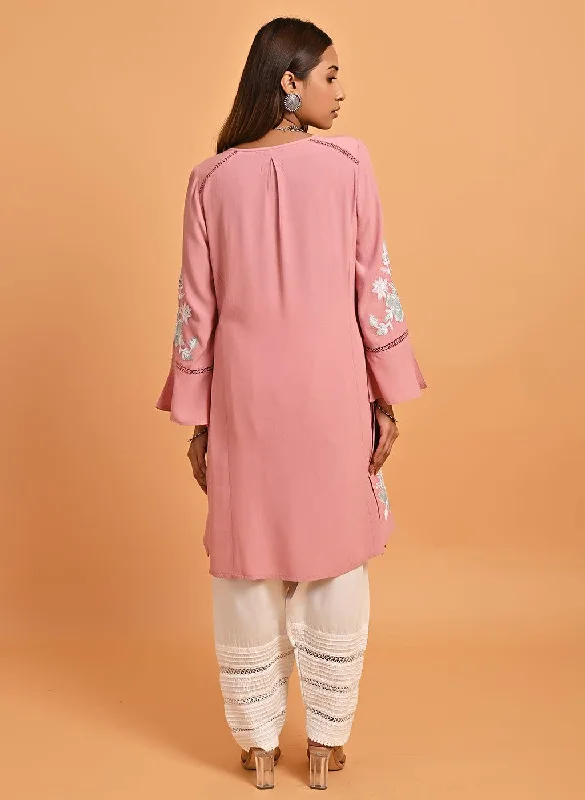 Pink Patchwork Embroidered Tunic with Asymmetrical Hemline