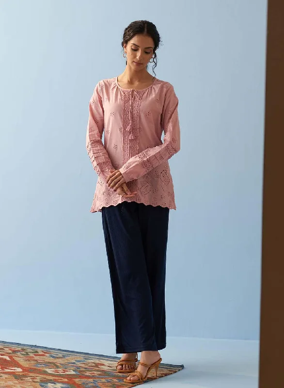 Pink Schiffli Embroidered Tunic with Lace Insert