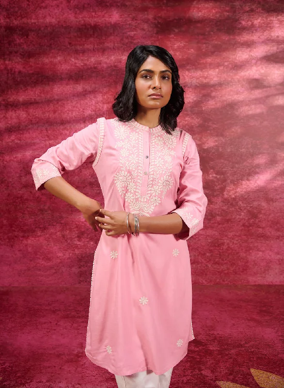 Saadgi Carnation Pink Embroidered Cotton Linen Tunic for Women