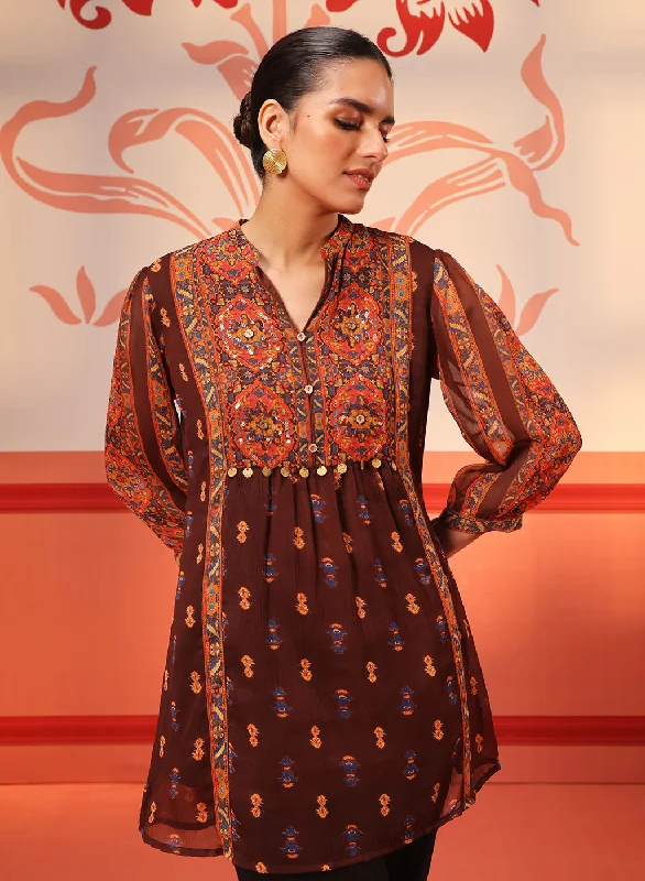 Sayoni Chocolate Brown Printed Chiffon Top for Women